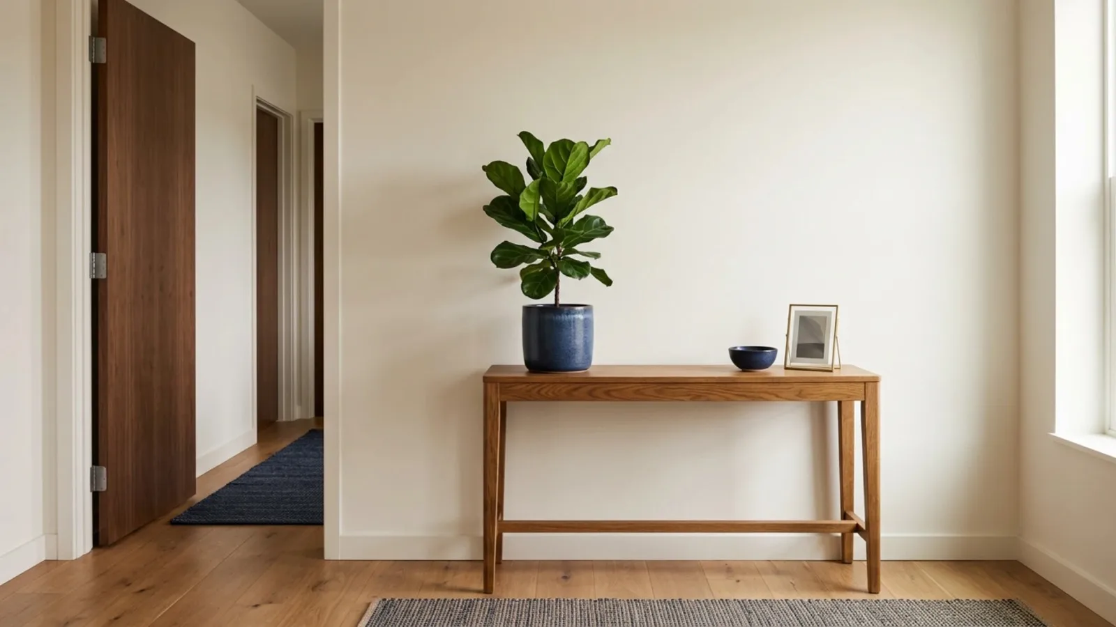 Entrée d'un cabinet, console en bois et plante verte