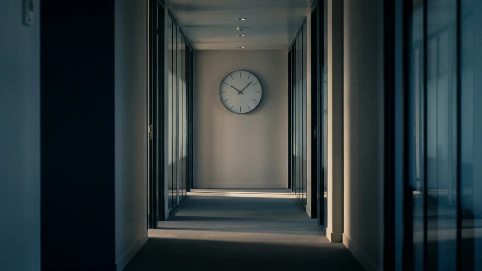 Horloge murale sobre au bout d’un couloir de bureaux désert, lumière naturelle rasante