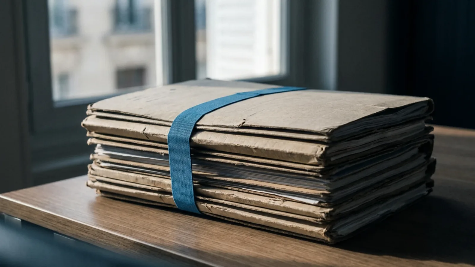 Dossiers cartonnés empilés et reliés par un élastique large, posés sur le bureau d’un notaire, lumière de fin d’après-midi