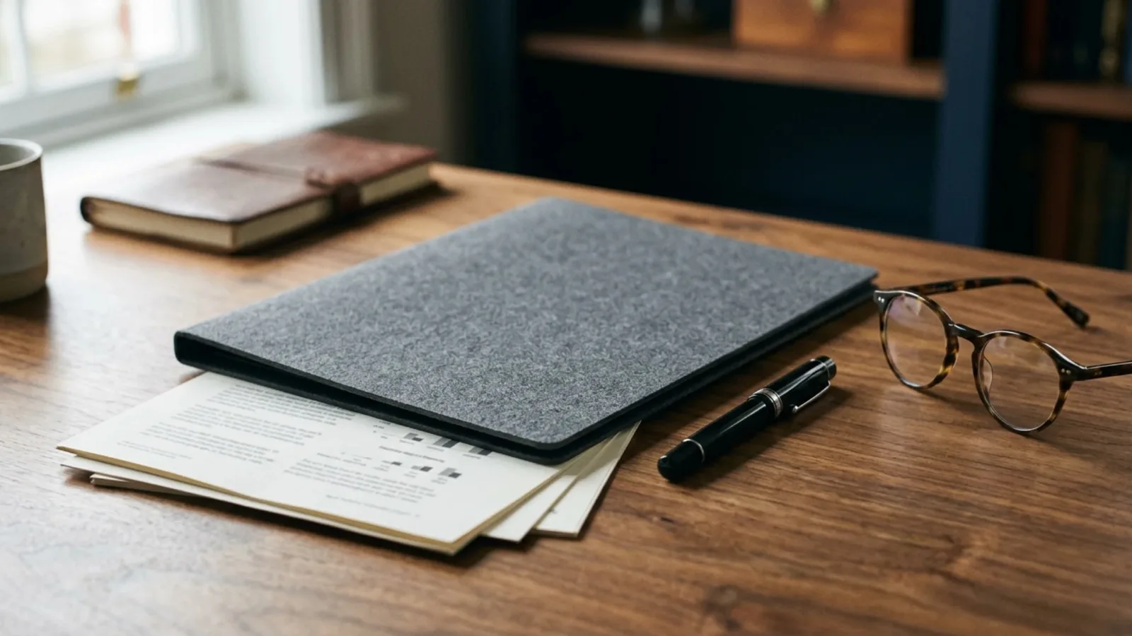 Dossier posé sur un bureau en bois, avec stylo et lunettes
