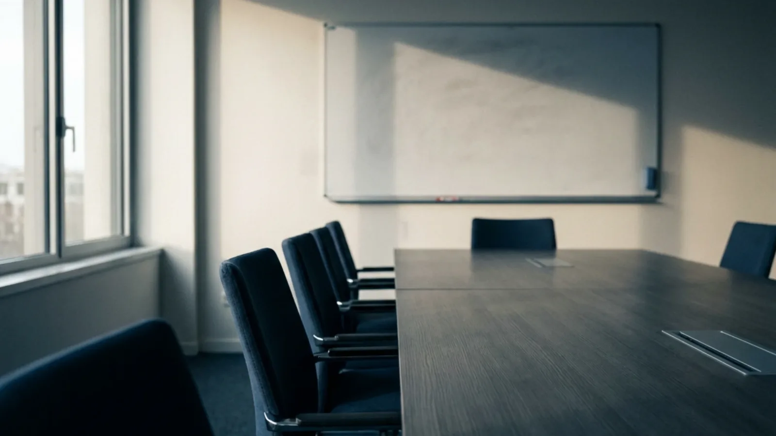 Salle de réunion vide au tableau blanc effacé, chaises rangées, éclairée par une lumière naturelle latérale