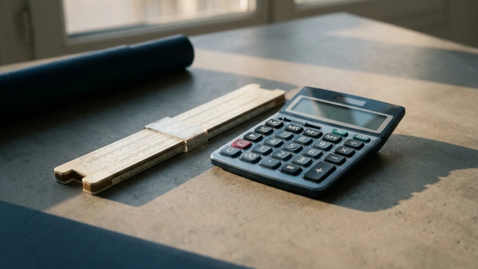 Règle à calcul ancienne posée à côté d’une calculatrice de bureau moderne, sur un plan de travail gris chaud