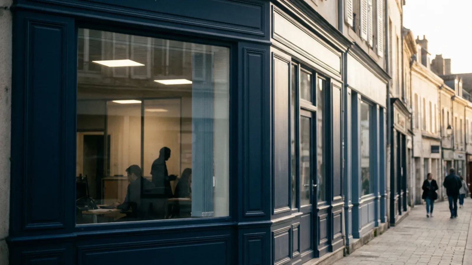 Cabinet de courtage d’assurance de proximité, façade discrète et bureau visible en fin de journée