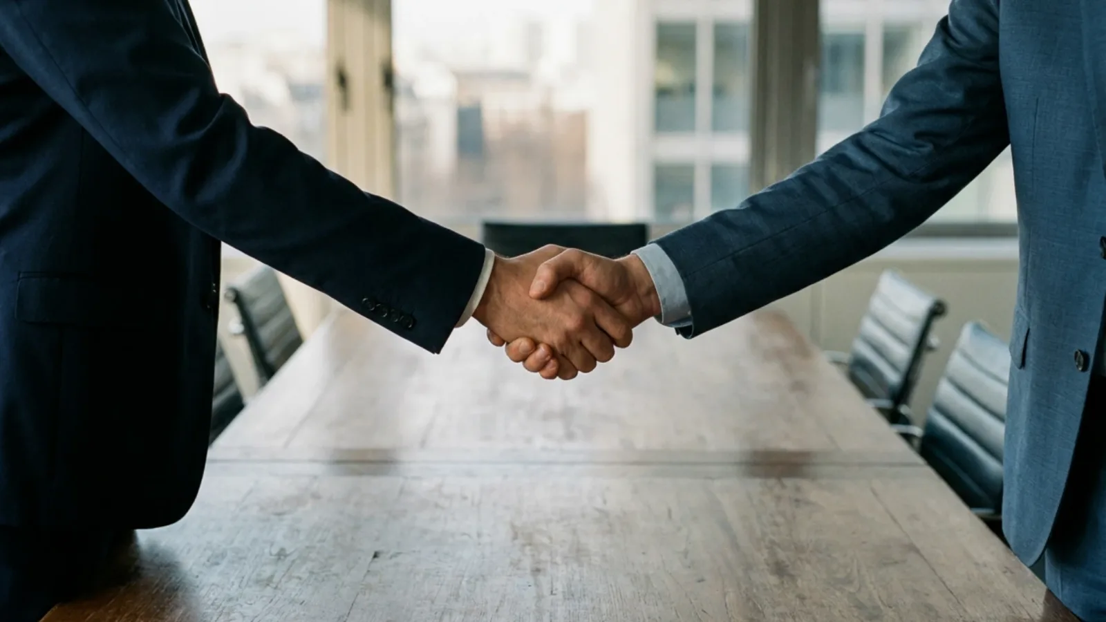 Poignée de main sobre entre deux personnes en costume au-dessus d’une table de réunion