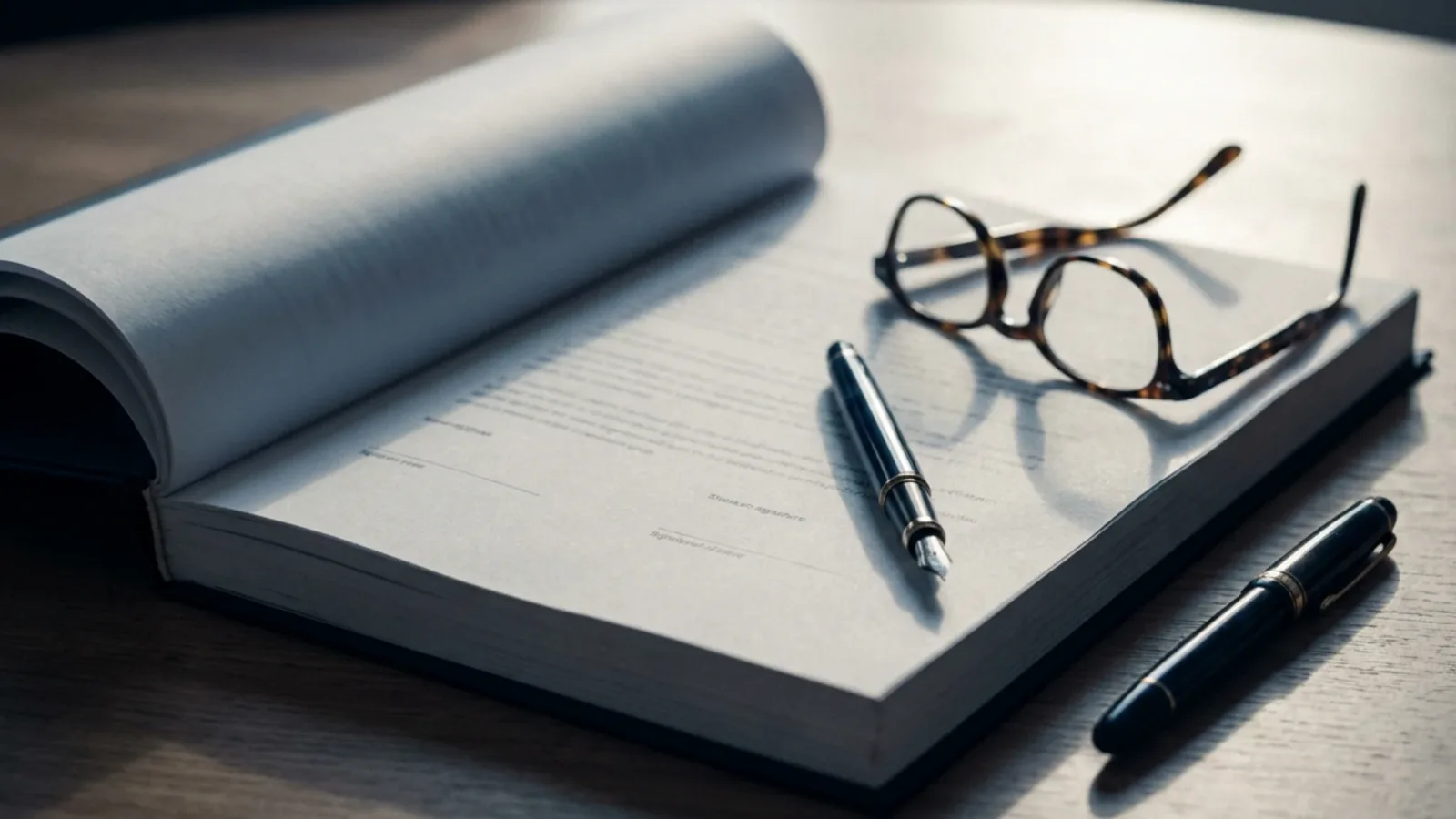 Contrat épais posé sur une table avec un stylo et une paire de lunettes, dernière lumière du jour