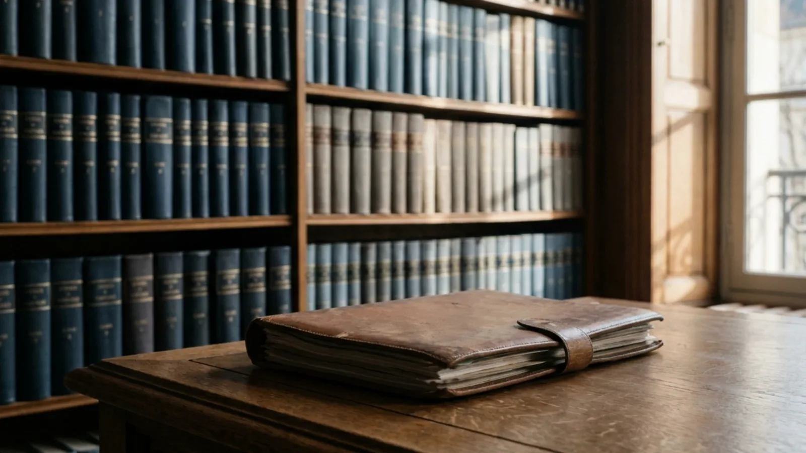 Dossier juridique fermé posé sur un bureau devant une bibliothèque de codes, lumière chaude