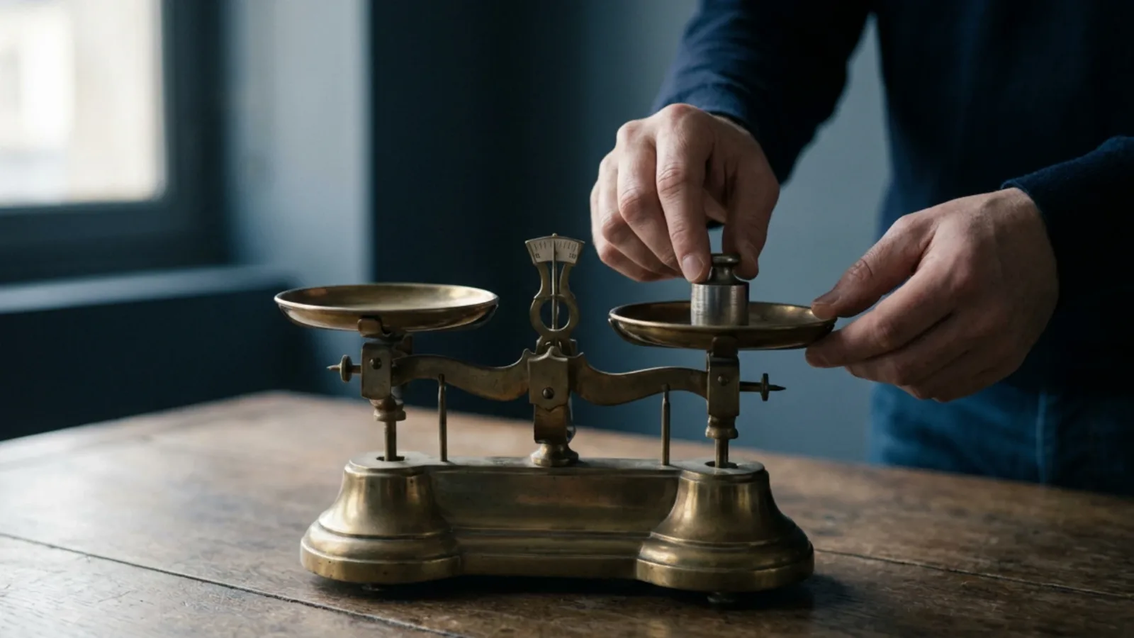 Balance de précision ancienne en laiton posée sur un bureau sobre