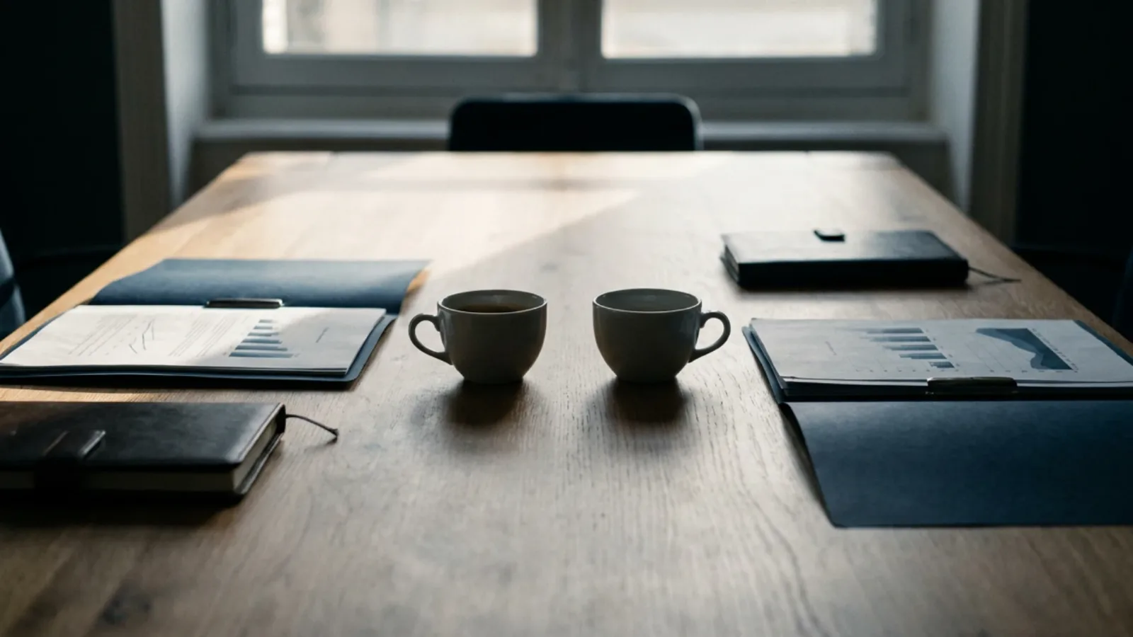 Deux tasses de café posées face à face sur une table de négociation, dossiers ouverts de part et d’autre