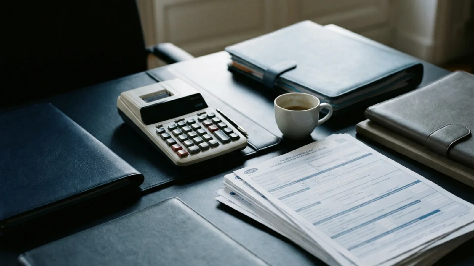 Bureau de cabinet avec calculatrice, liasses fiscales et tasse de café