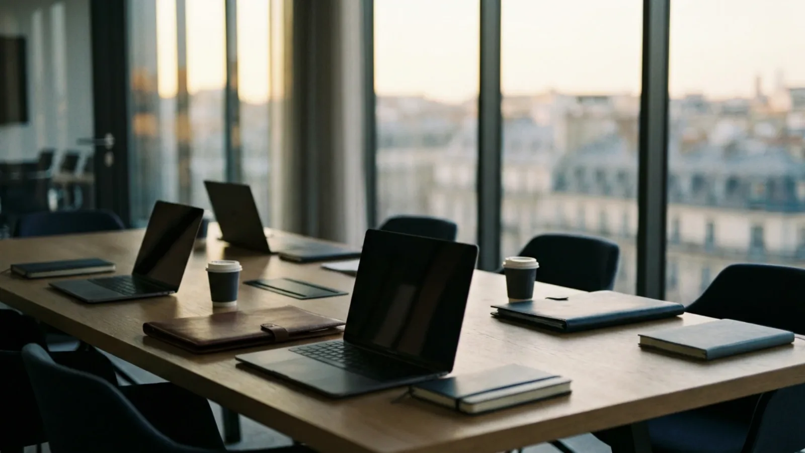 Salle de réunion vitrée avec dossiers et ordinateurs portables disposés autour de la table
