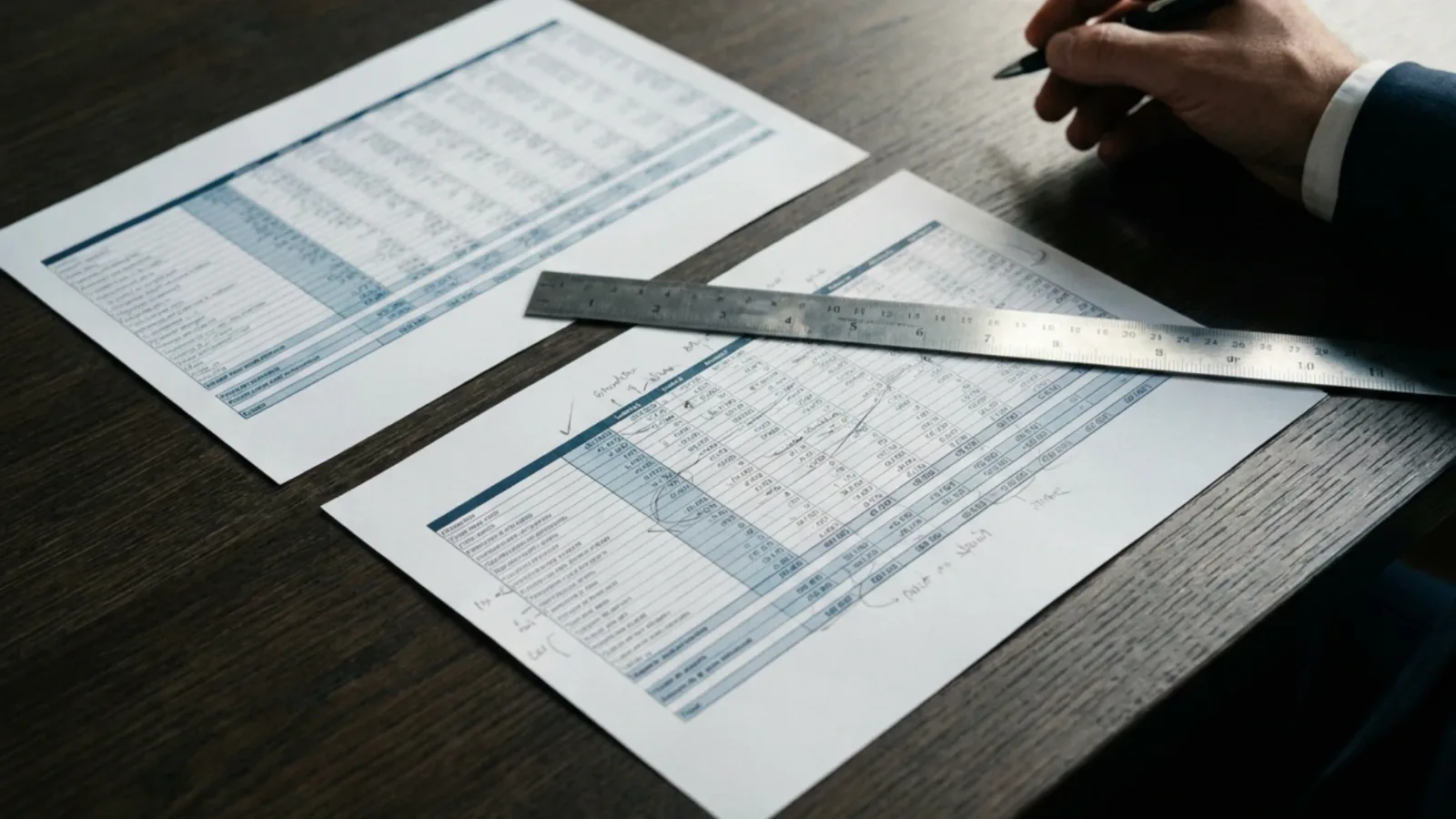 Deux tableaux financiers imprimés posés côte à côte sur un bureau sombre, une règle métallique en travers, pour comparer deux agrégats ligne à ligne
