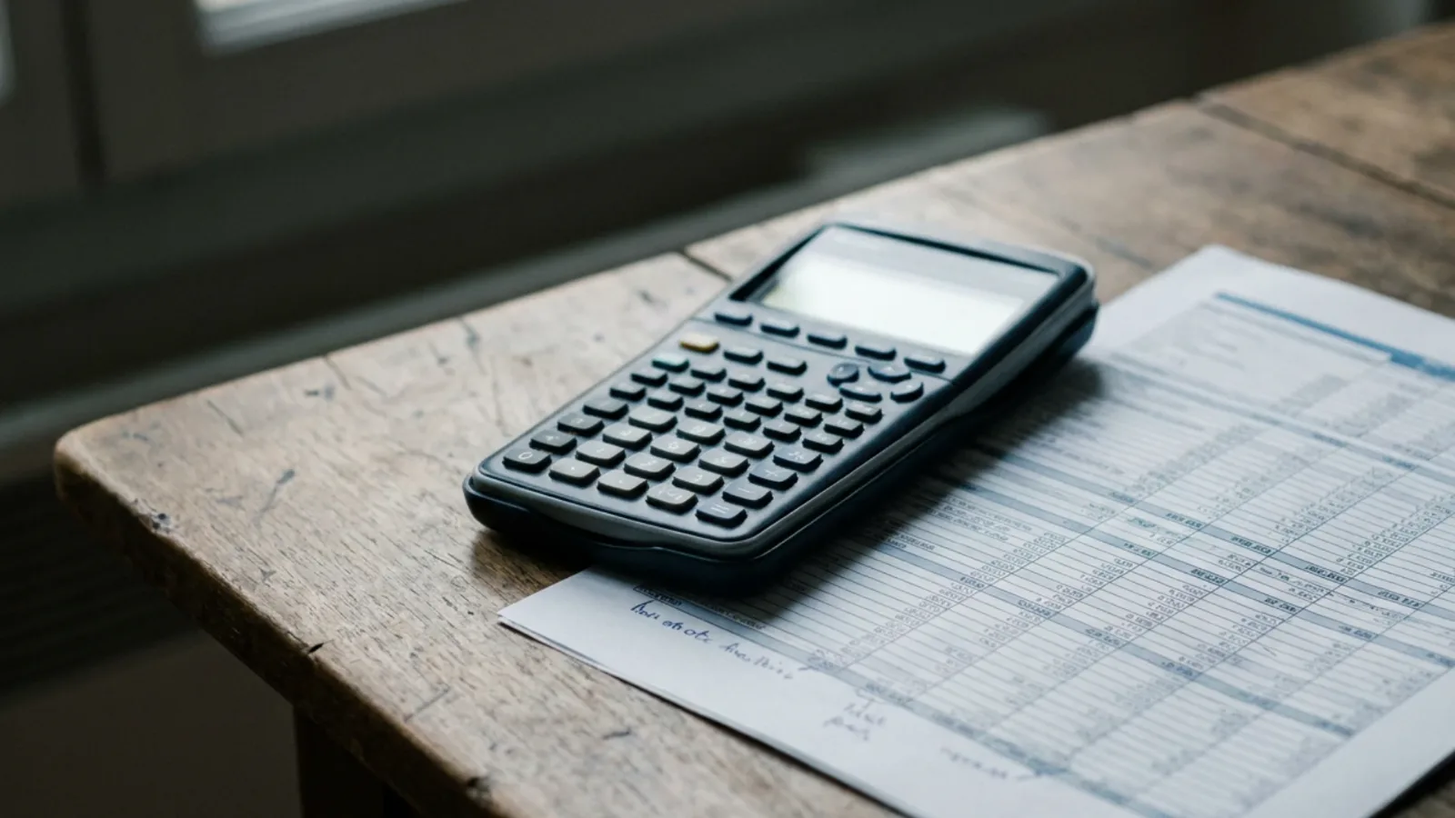 Calculatrice financière et tableur imprimé annoté posés sur un bureau en bois, lumière de fin de journée