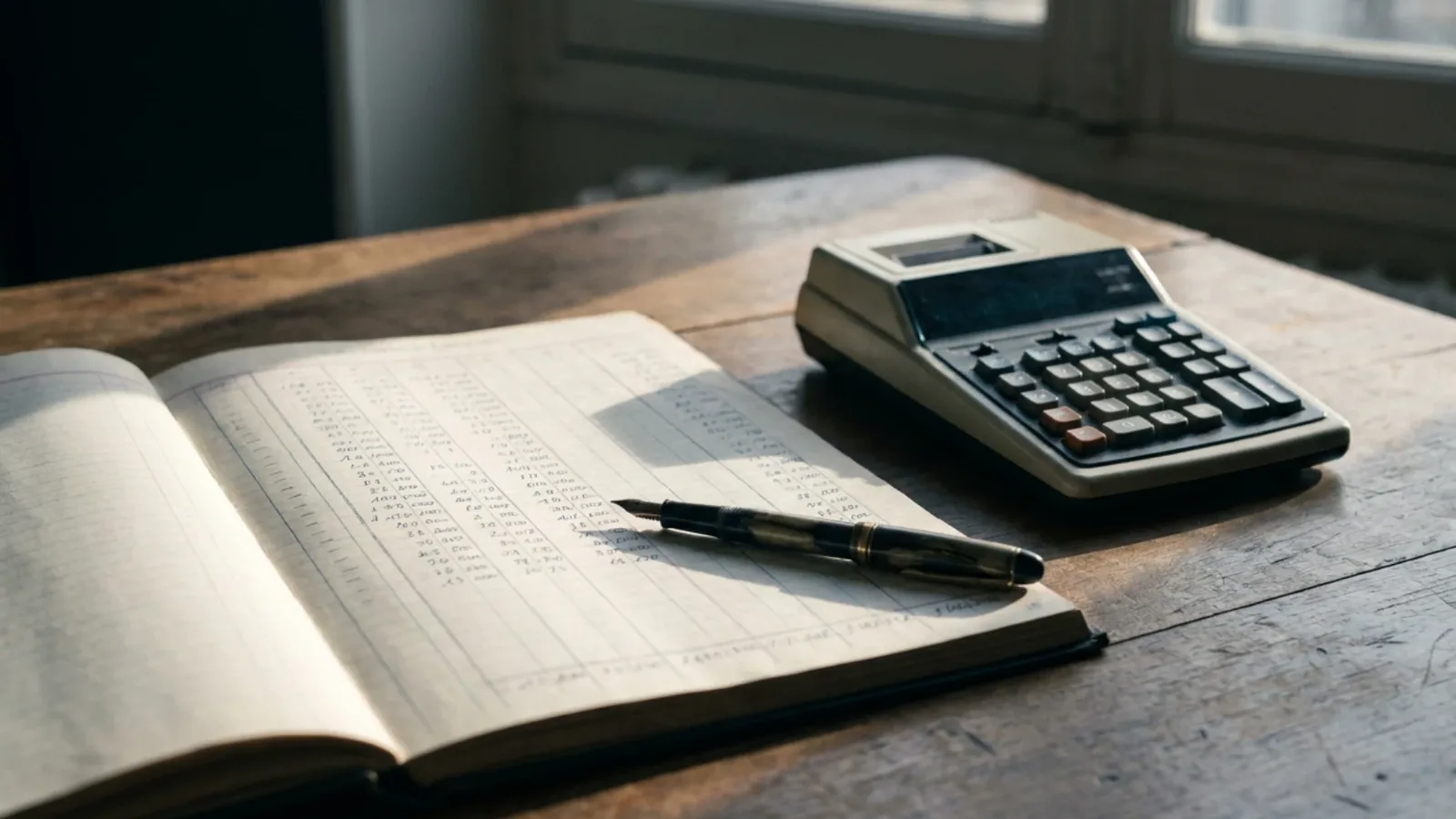 Carnet de comptes ouvert avec colonnes de chiffres manuscrites, stylo et calculatrice
