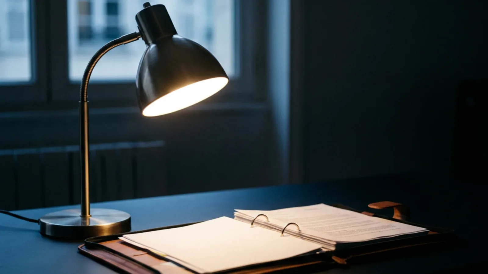 Lampe de bureau allumée éclairant un classeur ouvert dans une pièce sombre en fin de journée
