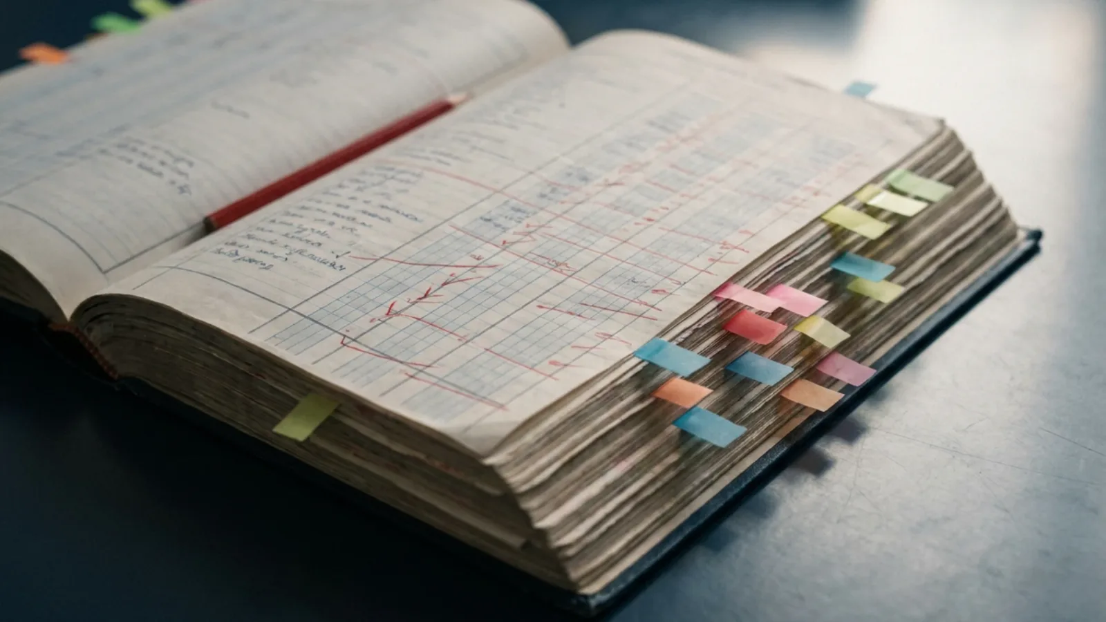 Liasse comptable ouverte, annotée au crayon rouge, avec des marque-pages de couleur dépassant des feuillets