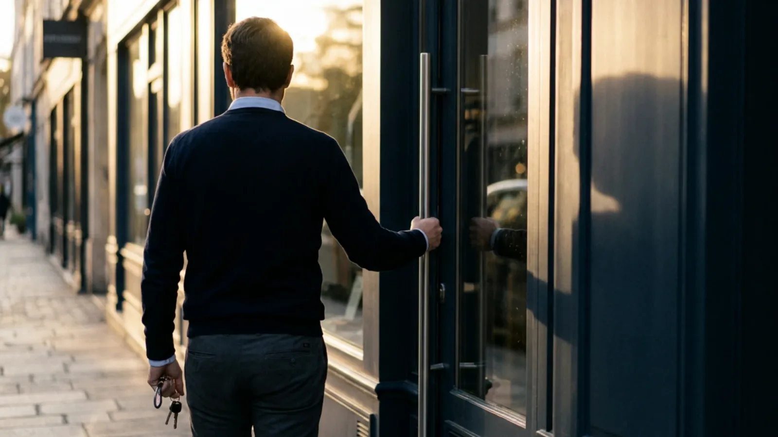 Commerçant fermant sa boutique en fin de journée, clés à la main