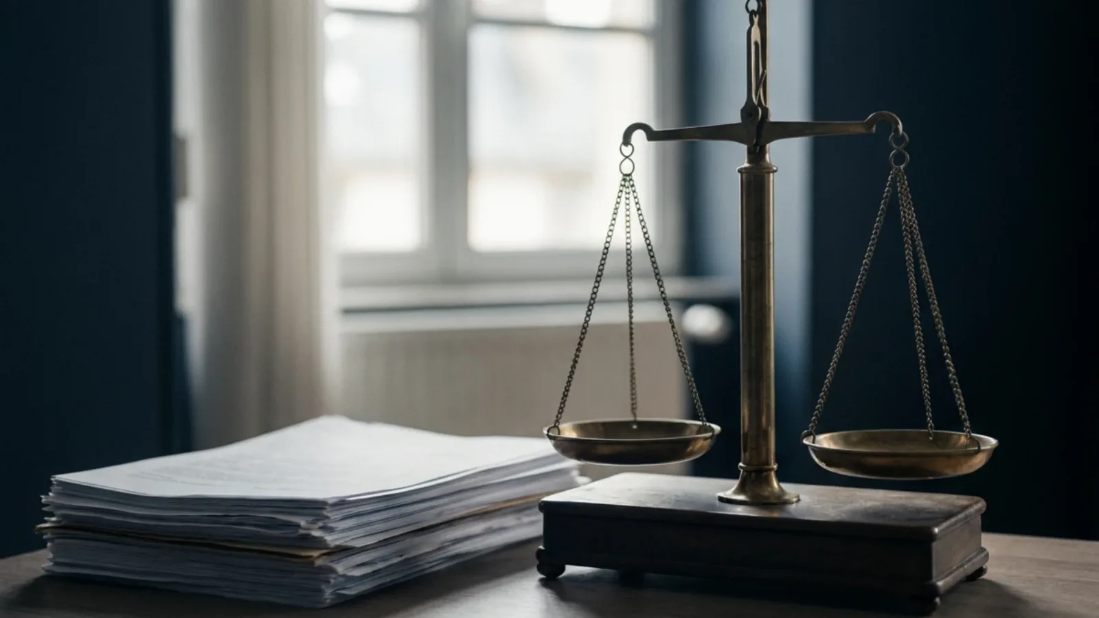 Balance de laiton ancienne posée sur un bureau en bois à côté d’une pile de documents