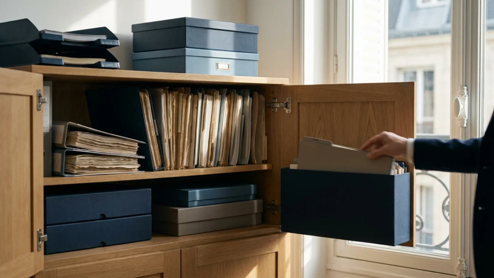 Dossiers soigneusement classés et étiquetés dans une armoire d’archives ouverte