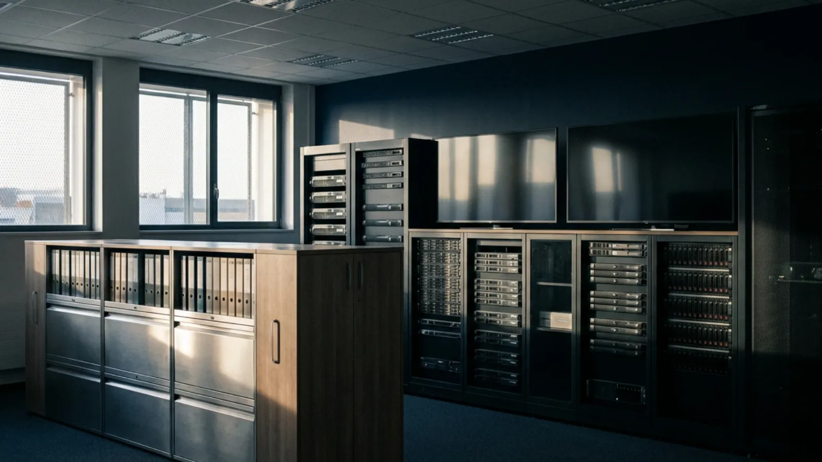 Salle de données sécurisée moderne, écrans en veille et rangement de dossiers ordonné
