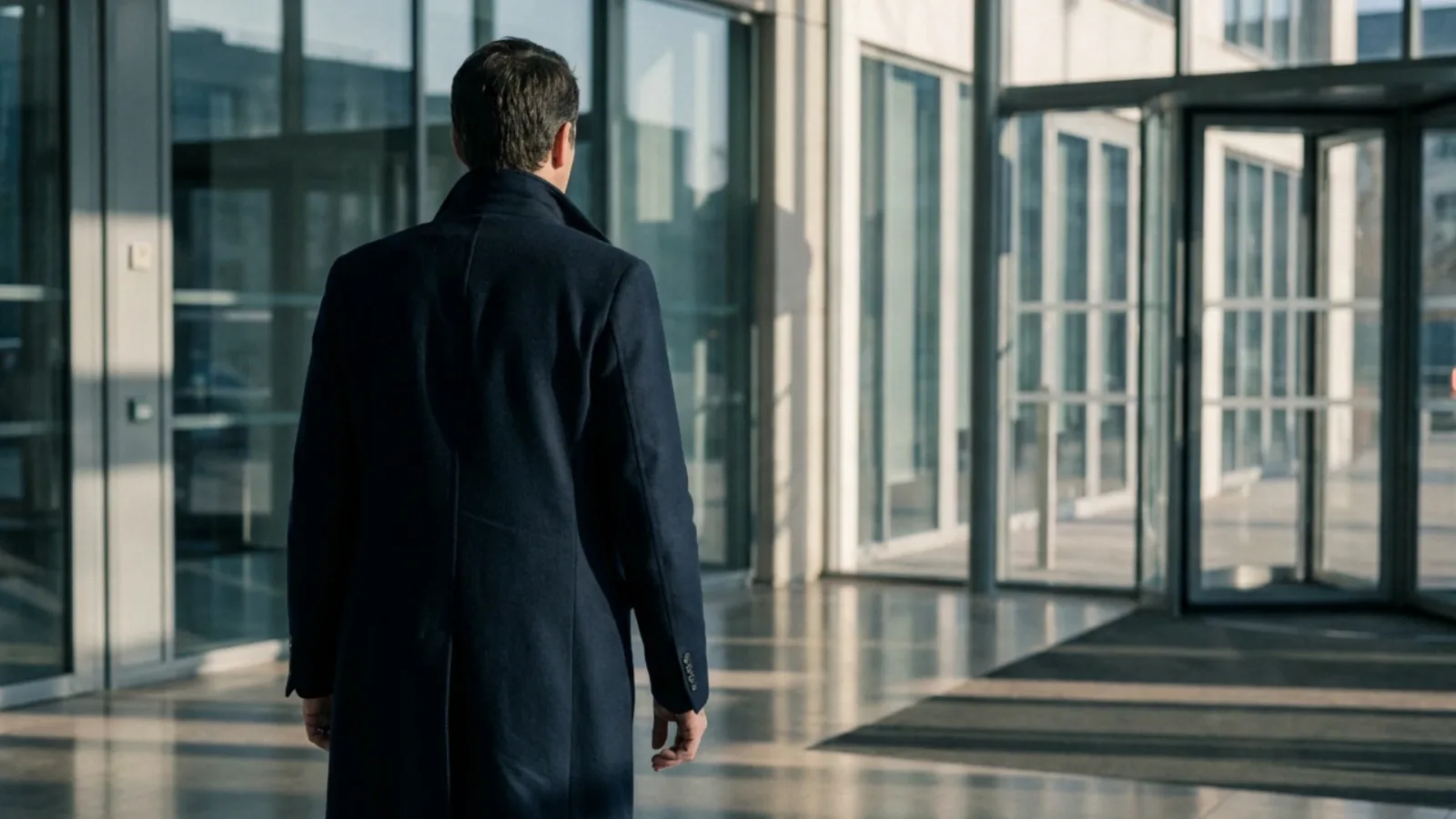 Repreneur traversant le hall d'un immeuble de bureaux, illustrant le rachat d'une entreprise