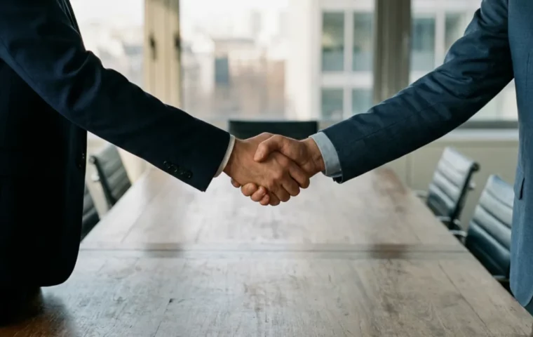 Poignée de main au-dessus d’une table de réunion, accord de crédit vendeur pour une cession d’entreprise