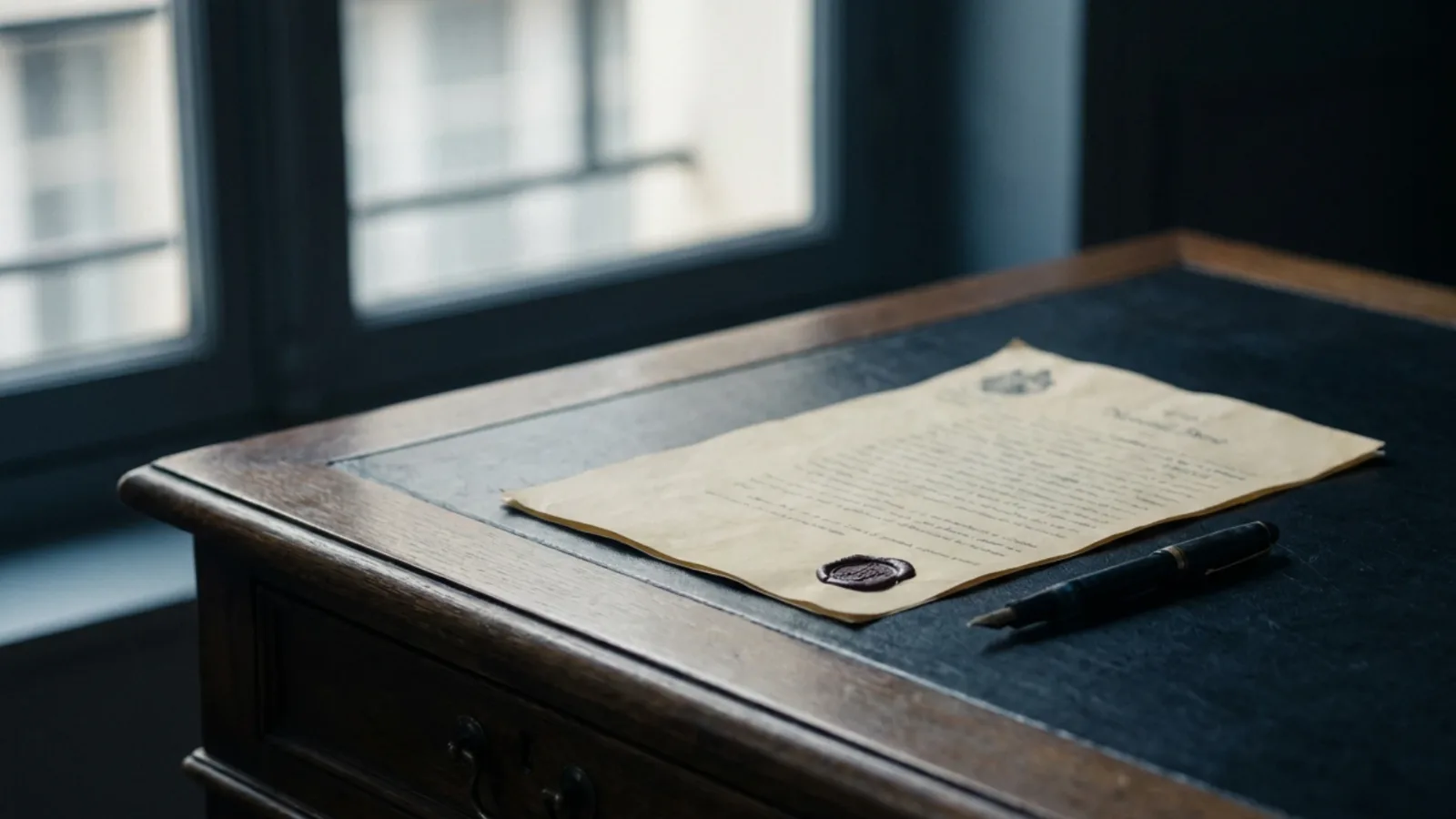 Acte notarié et stylo plume sur un bureau, illustrant les conditions du pacte Dutreil