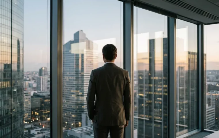 Dirigeant regardant la ville depuis son bureau, préparation de la cession de son entreprise