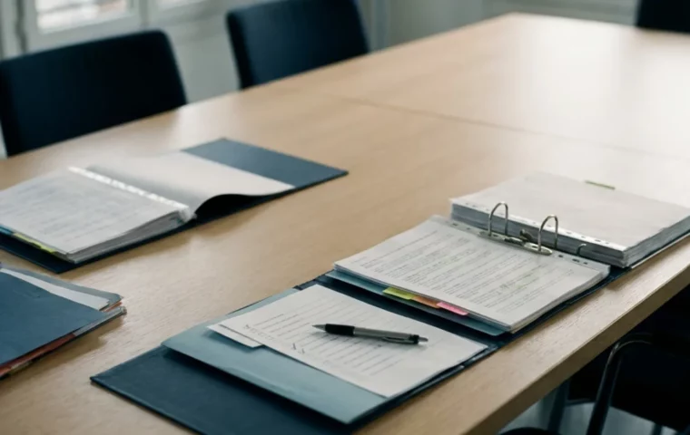 Dossiers et classeurs ouverts sur une table de réunion, questionnaire de due diligence