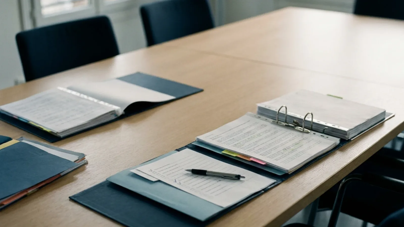 Dossiers et classeurs ouverts sur une table de réunion, illustrant le questionnaire de due diligence