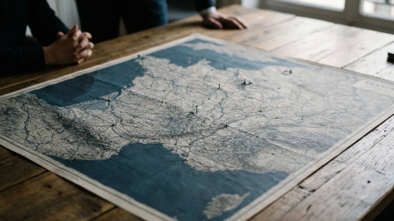 Carte de France sur une table de réunion, illustrant une stratégie de croissance externe