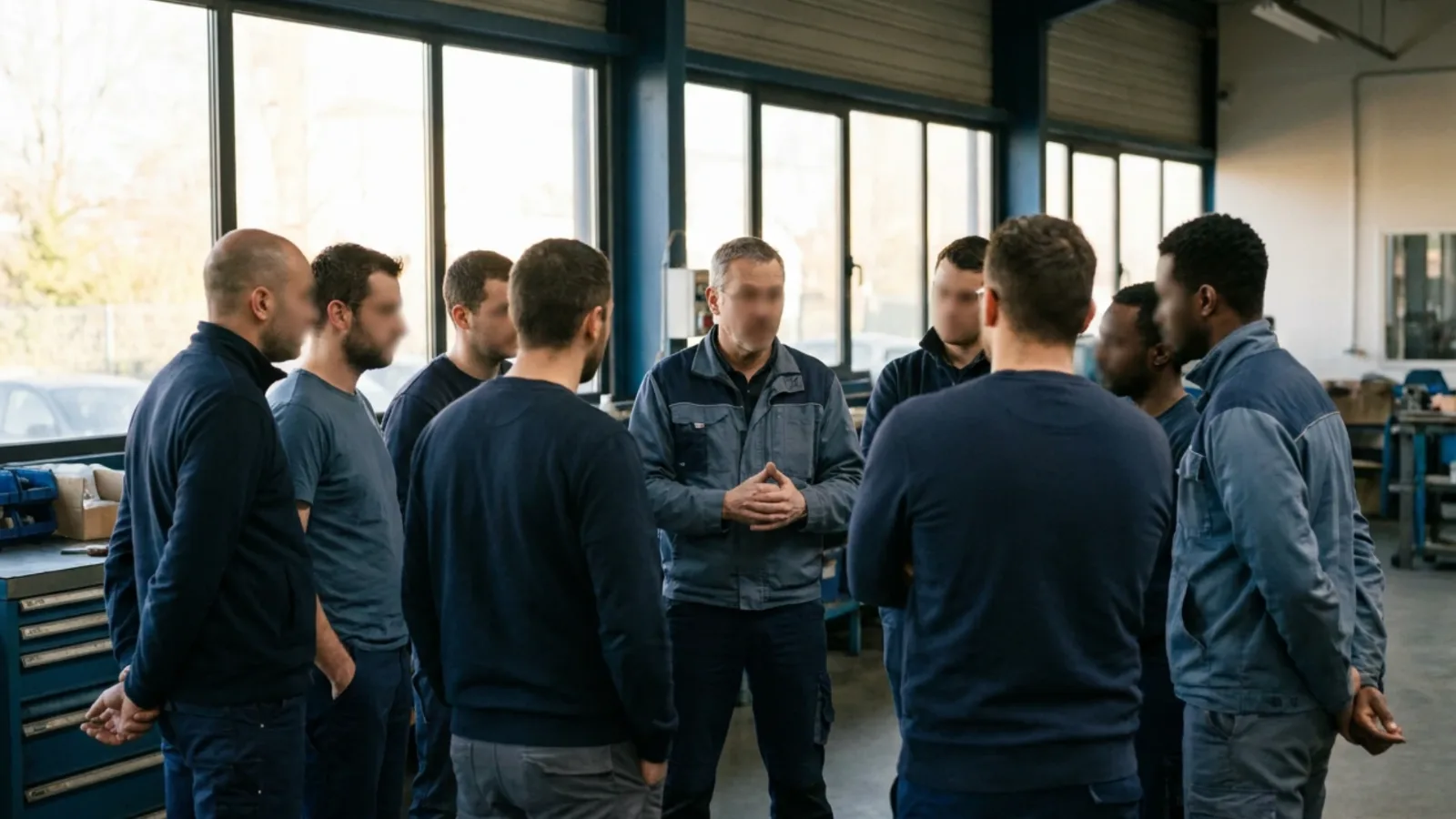 Équipe réunie dans une PME industrielle, illustrant les droits des salariés lors d'une vente
