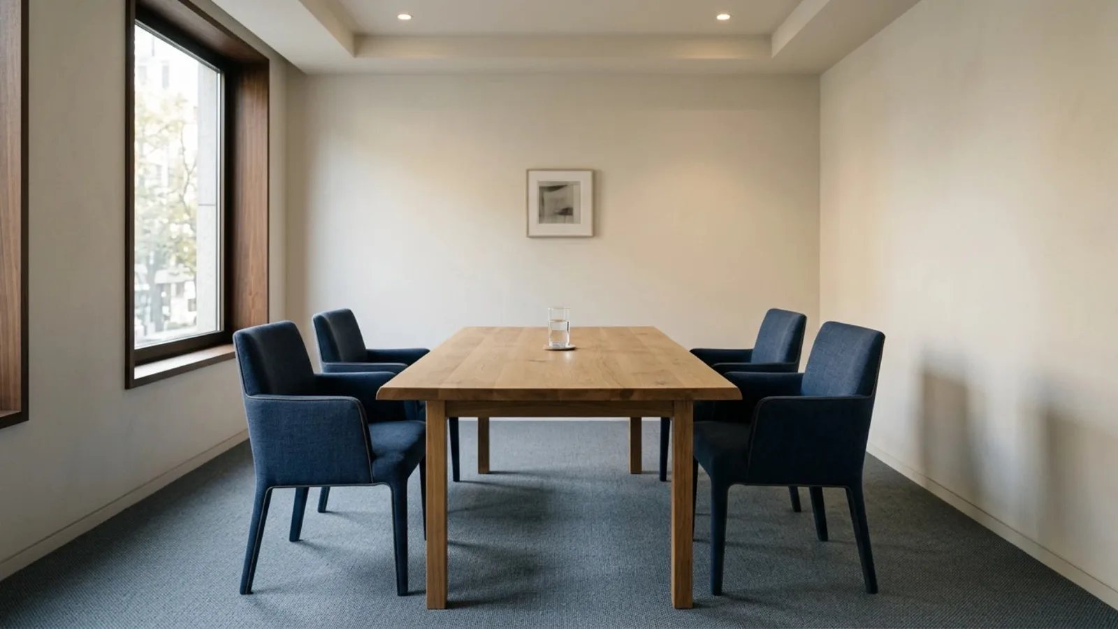 Petite salle de réunion avec table en bois et fauteuils bleu marine