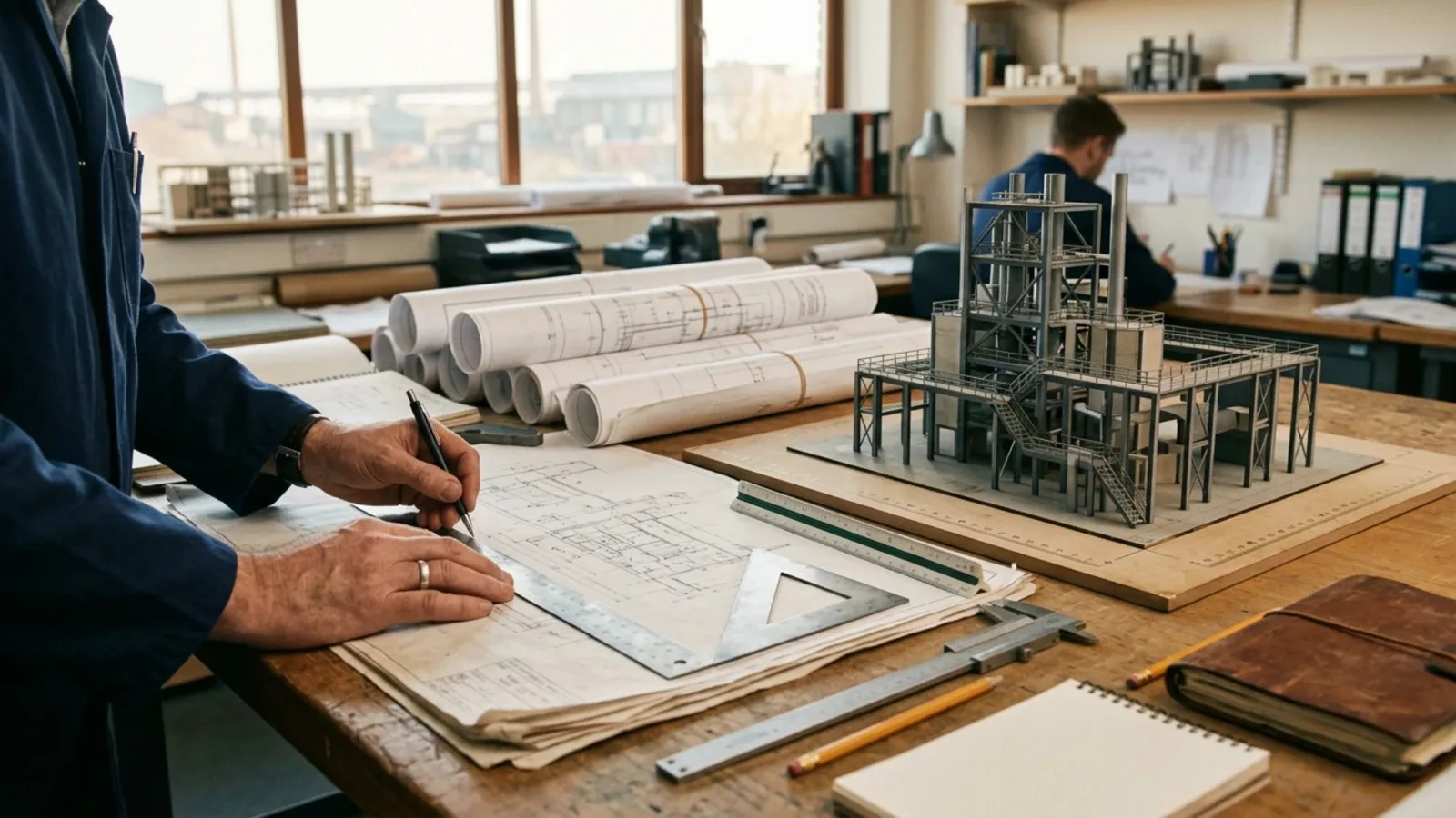 Ingénieur travaillant sur des plans à côté d'une maquette de structure métallique
