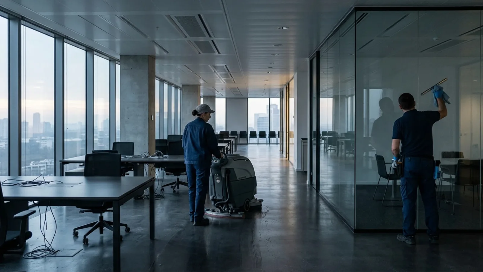 Agents de propreté nettoyant un plateau de bureaux