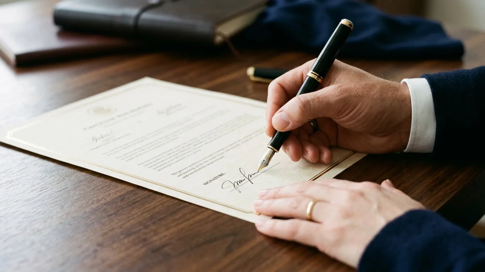 Signature d'un acte au stylo plume sur un bureau en bois