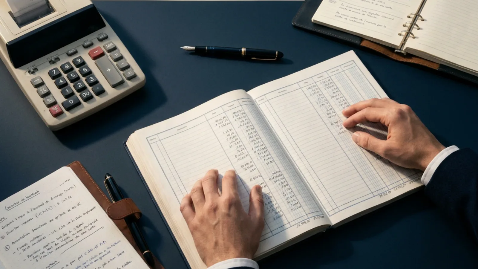 Mains d’un analyste posées sur un registre comptable ouvert, calculatrice de bureau et carnet annoté, lors du retraitement de l’EBE
