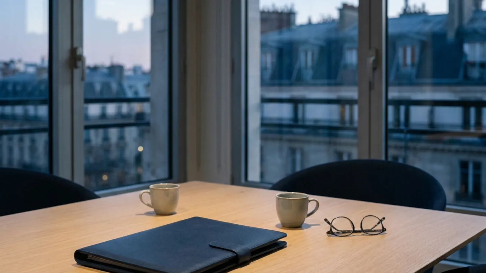 Table de réunion en bois clair au crépuscule dans un immeuble parisien, dossier fermé et lunettes posés avant une négociation de cession