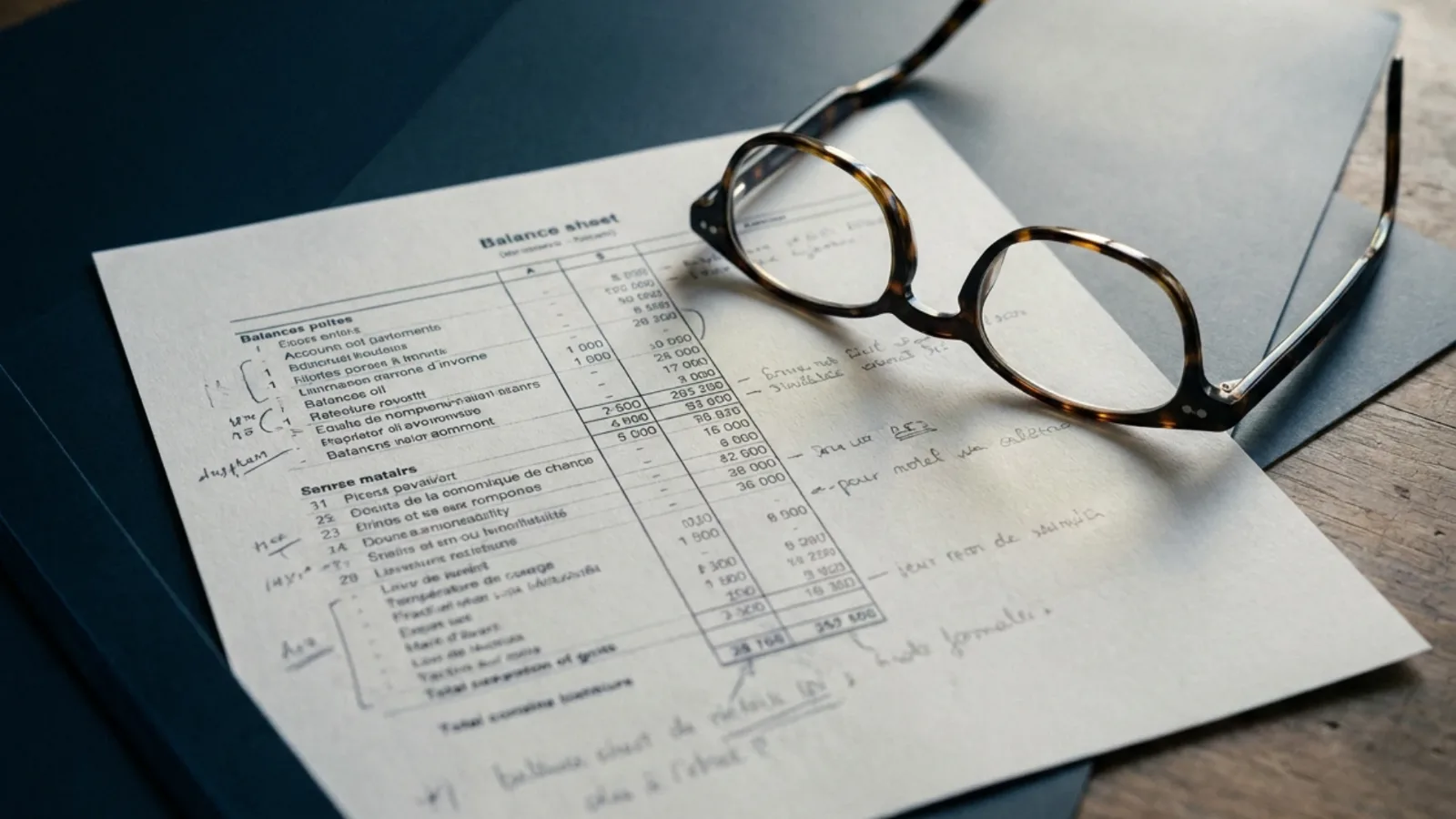 Bilan comptable annoté au crayon posé à côté d’une paire de lunettes