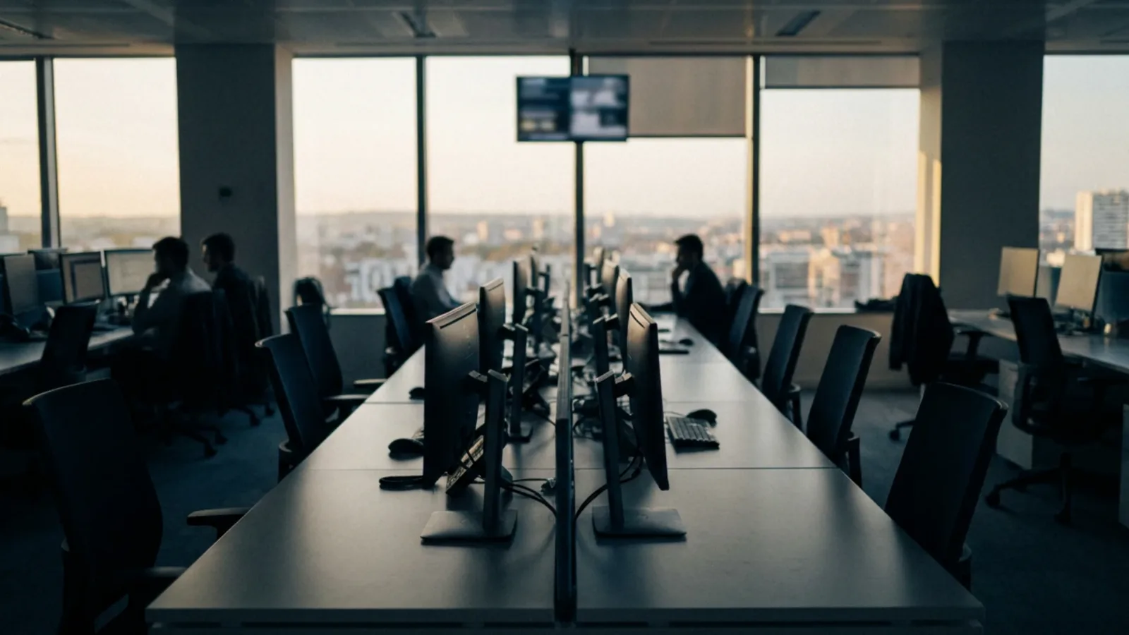 Plateau de bureaux d’une société de services numériques, postes de travail alignés