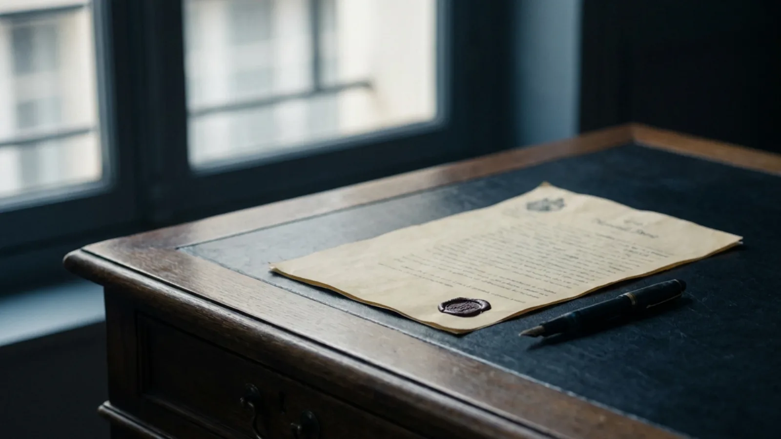 Acte notarié et stylo plume posés sur un bureau ancien en bois sombre, lumière tamisée