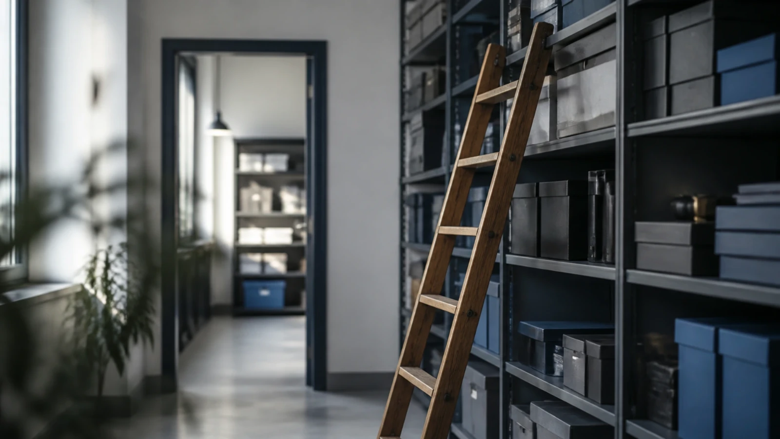 Escabeau en bois adossé à une étagère haute dans une réserve d’entreprise ordonnée