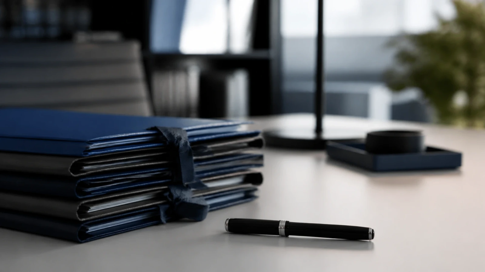 Chemises à sangles empilées à côté d’un stylo plume sur le bureau d’un cabinet d’avocats