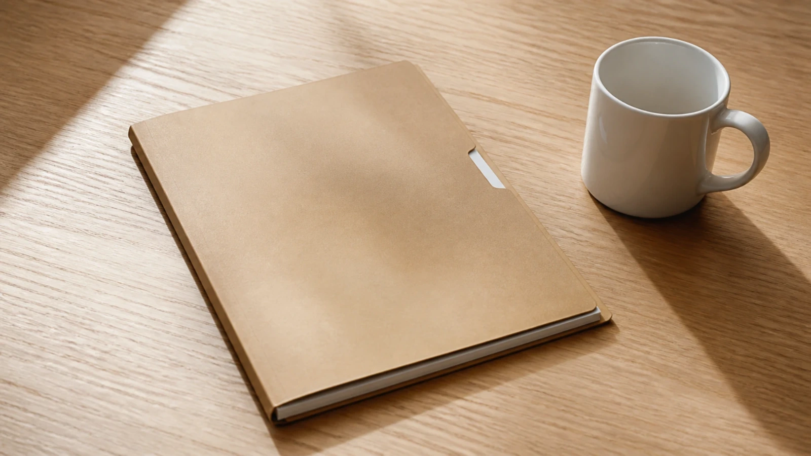 Dossier cartonné fermé posé sur un bureau en chêne clair, à côté d’une tasse vide