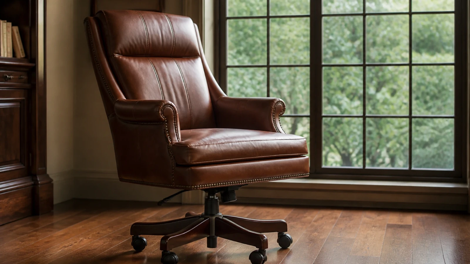 Chaise de bureau en cuir brun vue de trois quarts devant une fenêtre à petits carreaux