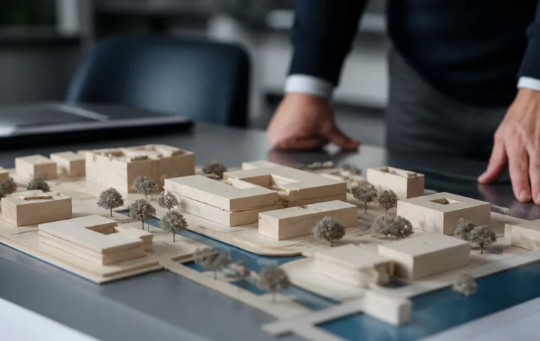 Maquette d’urbanisme en bois clair posée sur une table de travail