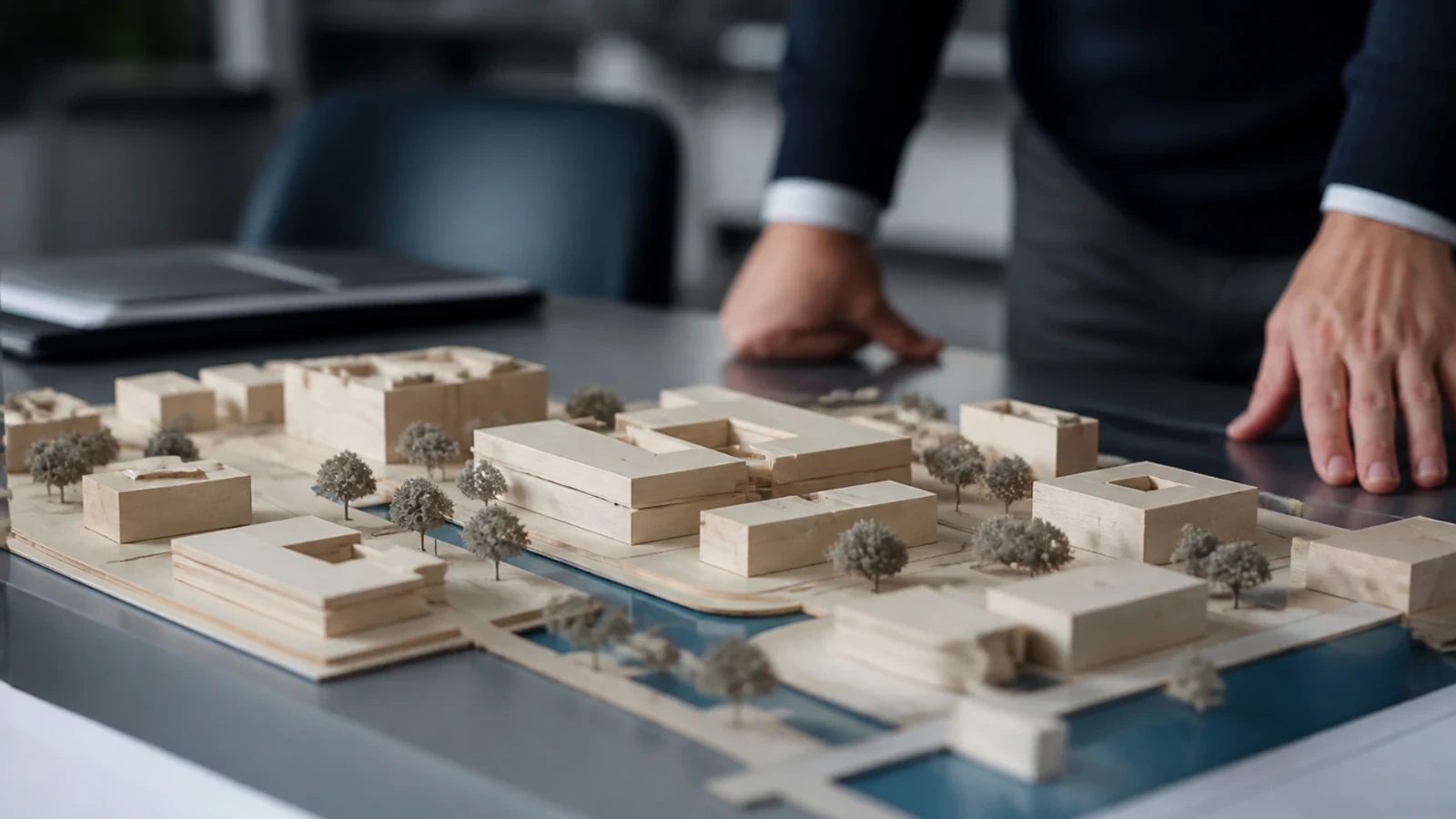 Maquette d’urbanisme en bois clair posée sur une table de travail
