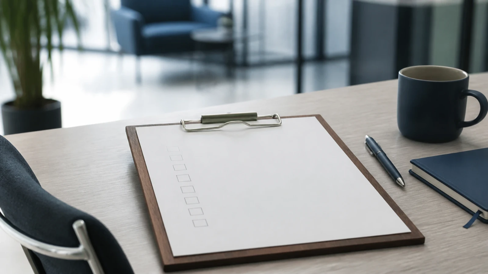 Check-list vierge sur un porte-bloc en bois posé sur une table