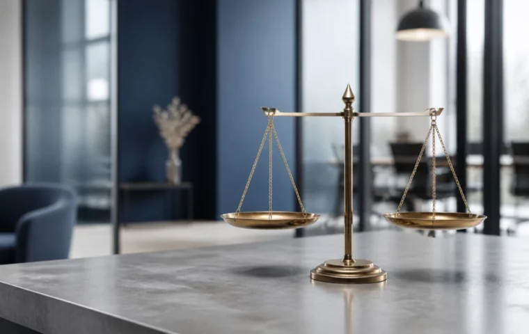 Balance à deux plateaux en laiton, vide, sur un plan de travail en béton ciré