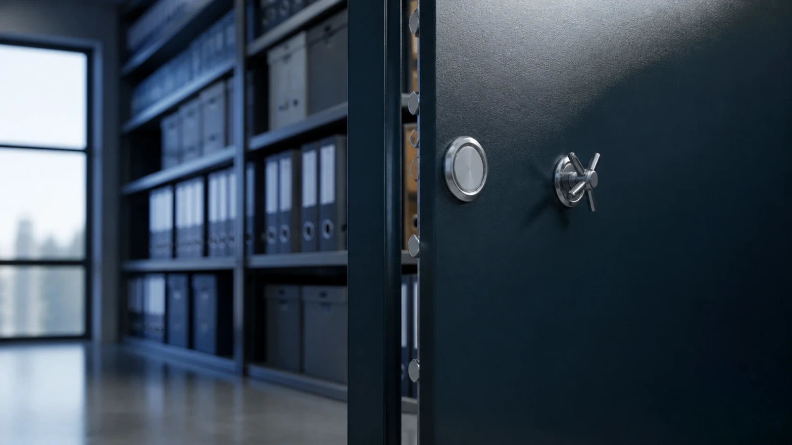 Porte d’armoire forte entrouverte dans un local d’archives
