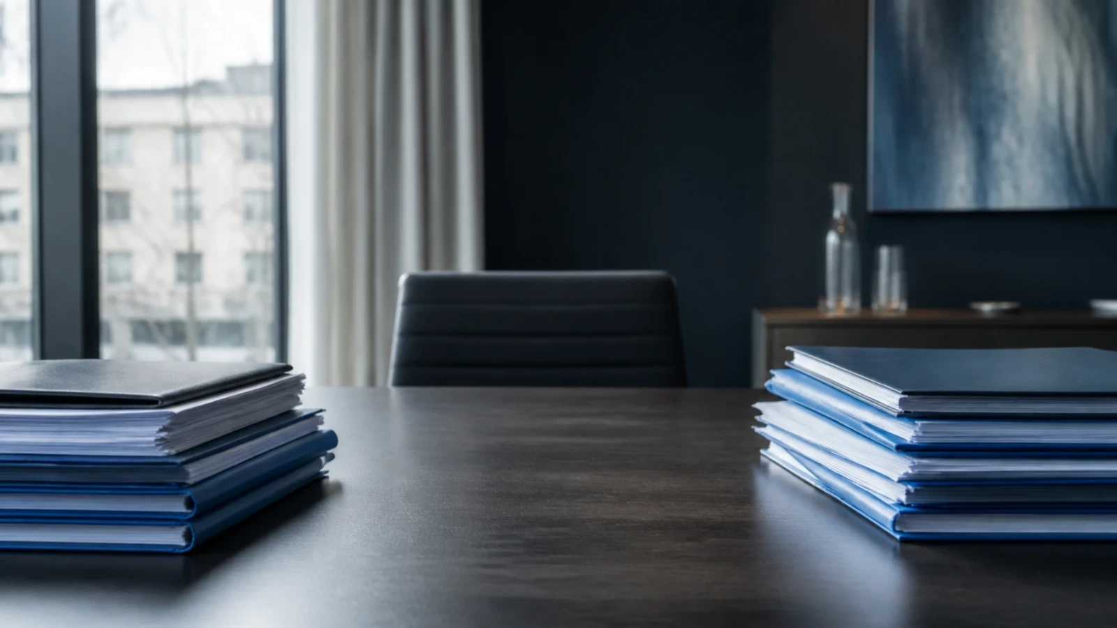 Table de réunion avec deux piles de dossiers séparées par un espace vide